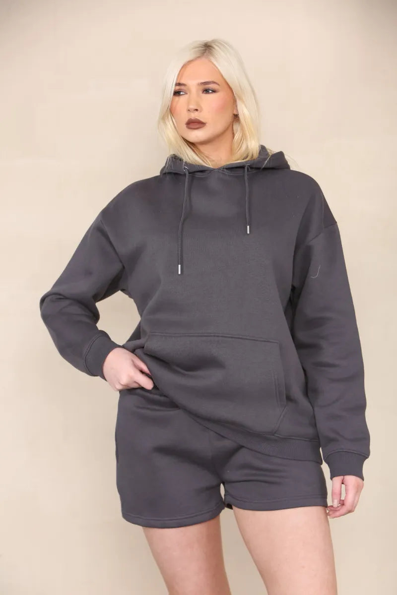 Charcoal Grey Oversized Hoodie & Shorts Co-Ord Loungewear Set