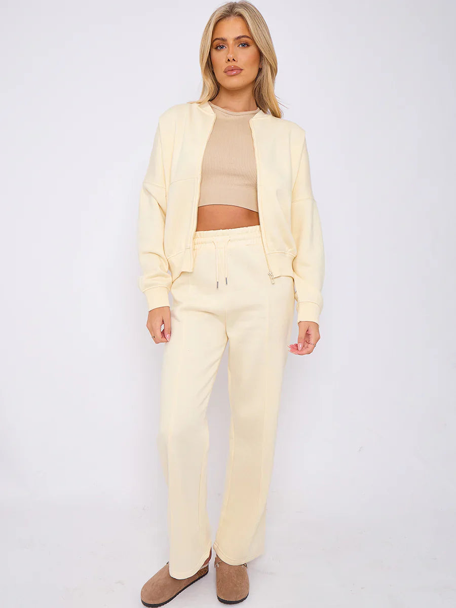 Cream Bomber Style Jacket & Wide Leg Bottoms Co-ord Loungewear Set