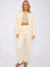 Cream Bomber Style Jacket & Wide Leg Bottoms Co-ord Loungewear Set