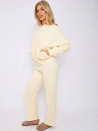 Cream Bomber Style Jacket & Wide Leg Bottoms Co-ord Loungewear Set