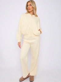 Cream Bomber Style Jacket & Wide Leg Bottoms Co-ord Loungewear Set