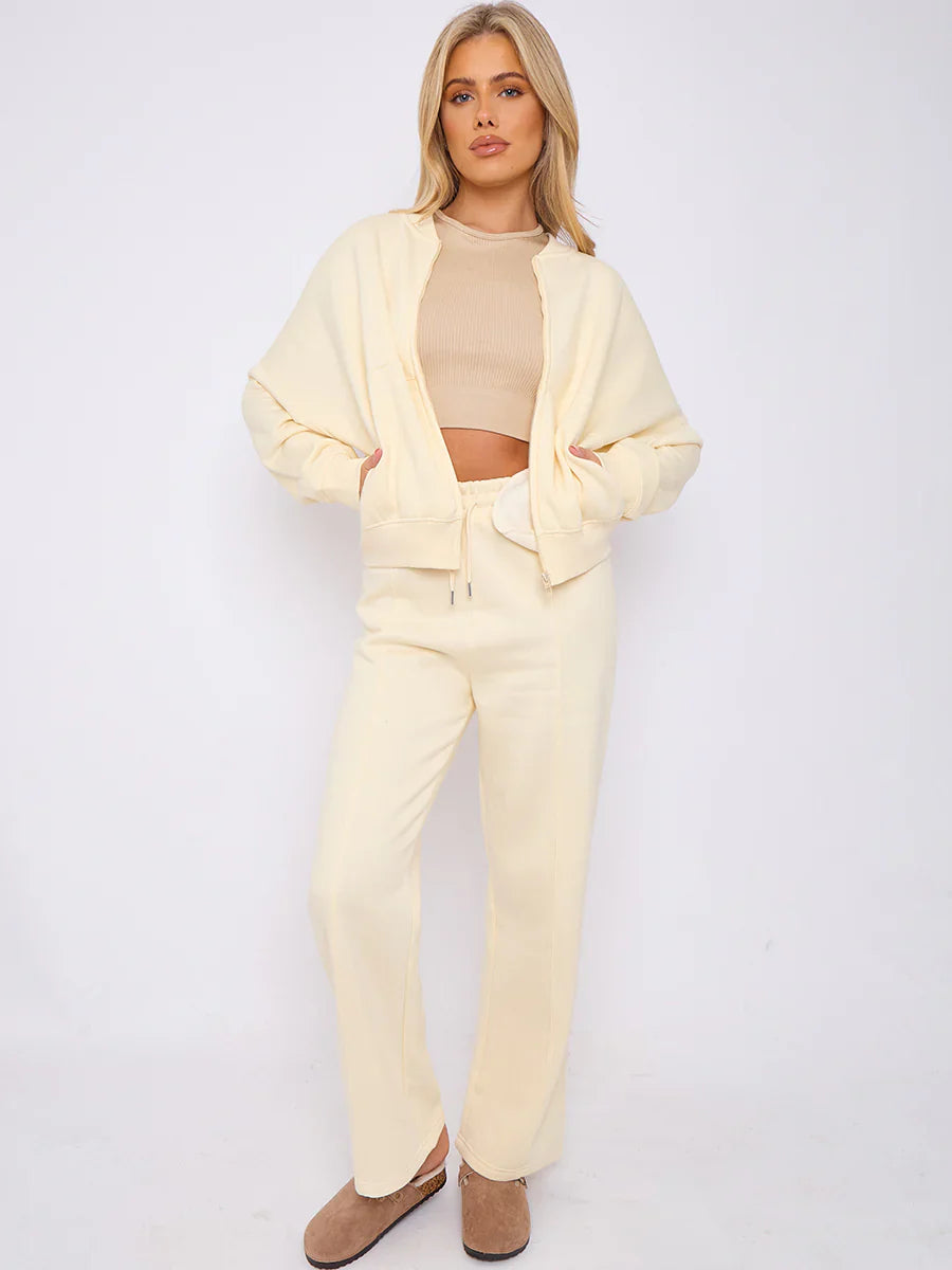 Cream Bomber Style Jacket & Wide Leg Bottoms Co-ord Loungewear Set