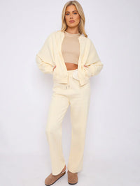 Cream Bomber Style Jacket & Wide Leg Bottoms Co-ord Loungewear Set