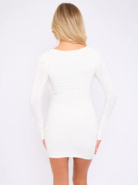 Cream Draped Cowl Neck Slinky Long Sleeves Bodycon Mini Dress