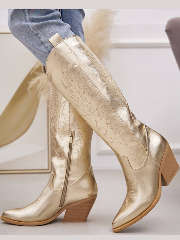 Gold Metallic Knee High Western Style Cowboy Boots