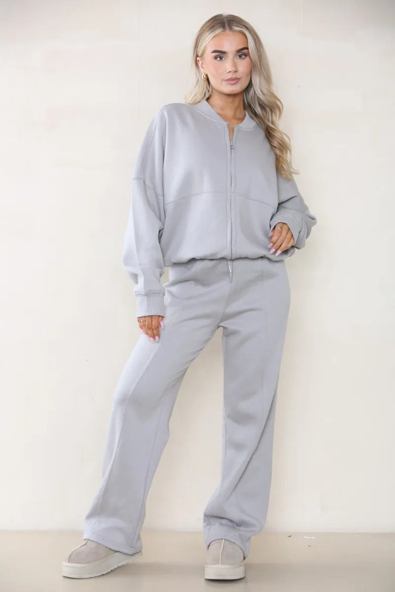 Grey Bomber Style Jacket & Wide Leg Bottoms Co-ord Loungewear Set