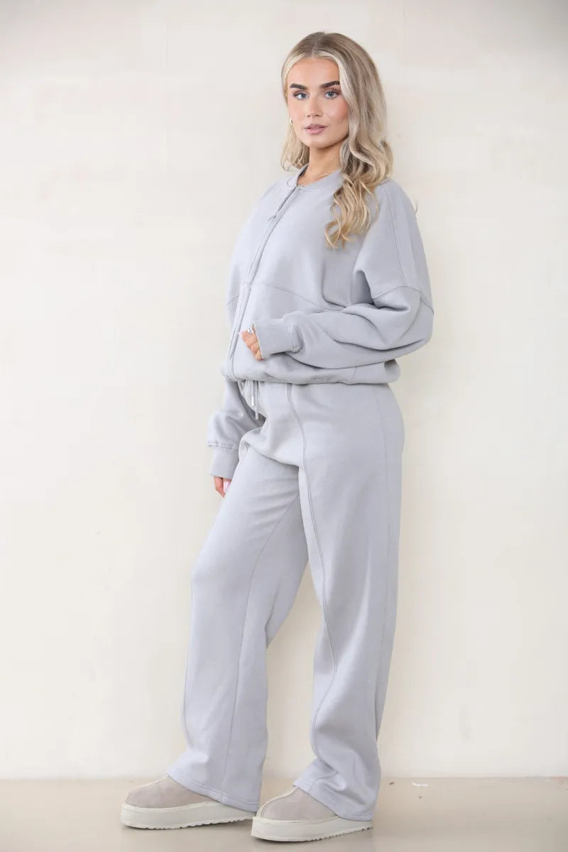 Grey Bomber Style Jacket & Wide Leg Bottoms Co-ord Loungewear Set