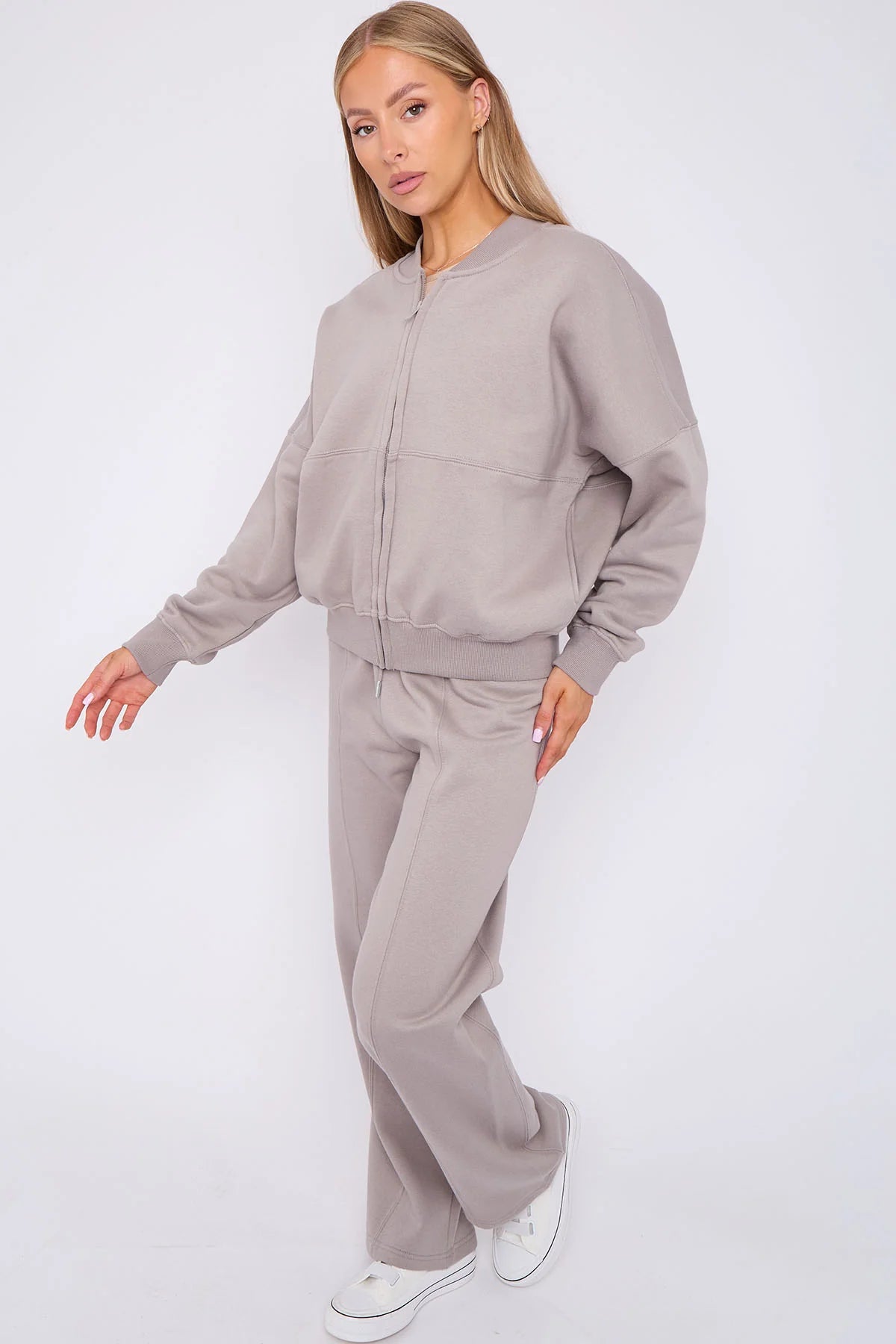 Grey Bomber Style Jacket & Wide Leg Bottoms Co-ord Loungewear Set