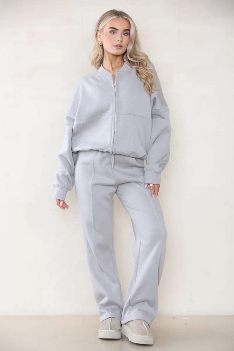 Grey Bomber Style Jacket & Wide Leg Bottoms Co-ord Loungewear Set