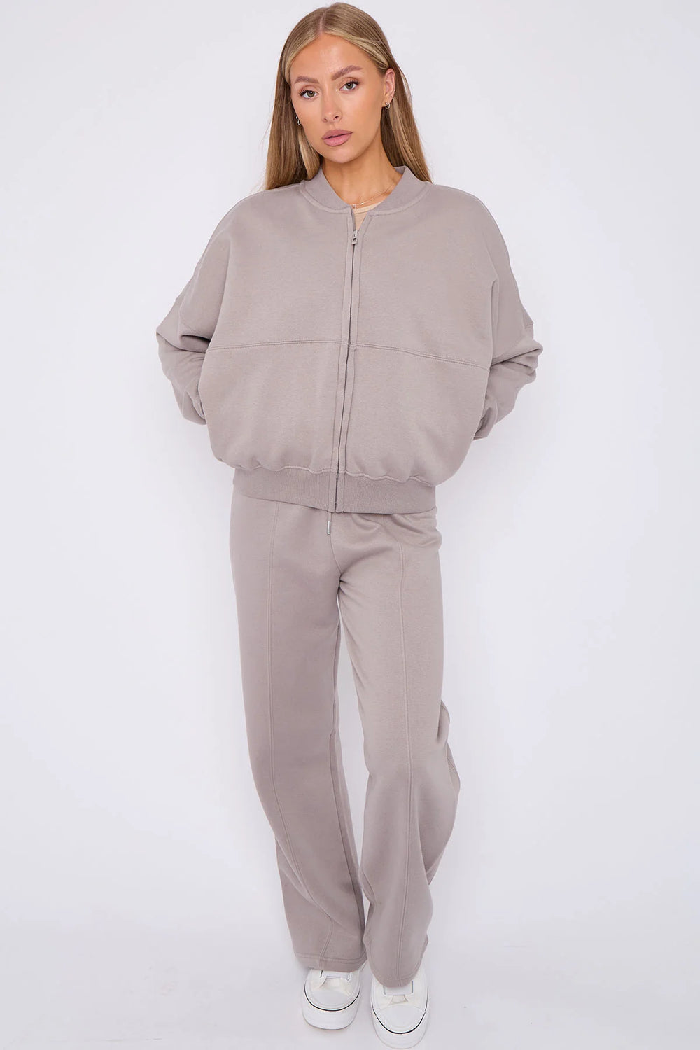 Grey Bomber Style Jacket & Wide Leg Bottoms Co-ord Loungewear Set