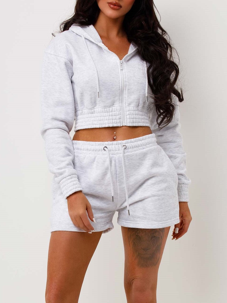 Grey Cropped Zip Up Hoodie & Shorts Loungewear Co-ord