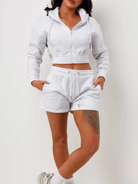 Grey Cropped Zip Up Hoodie & Shorts Loungewear Co-ord