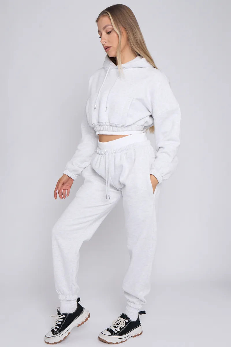 Grey Rib Trim Detail Cropped Hoodie & Joggers Loungewear Set