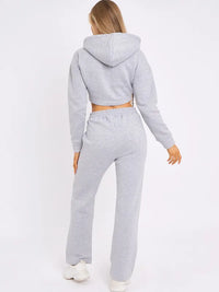 Grey Zip Up Cropped Hoodie & Wide Leg Joggers Loungewear Set