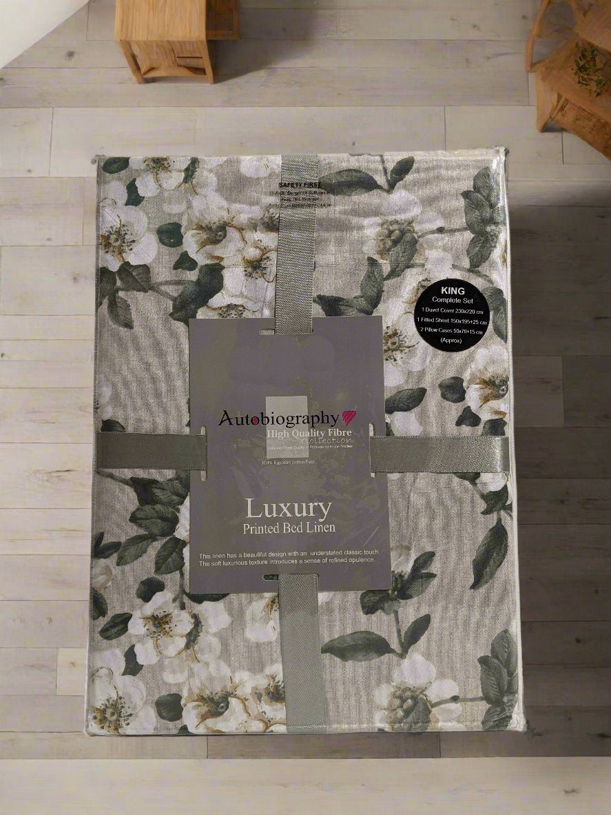 Grey & White Floral Luxury Microfibre King Complete Duvet Cover Set