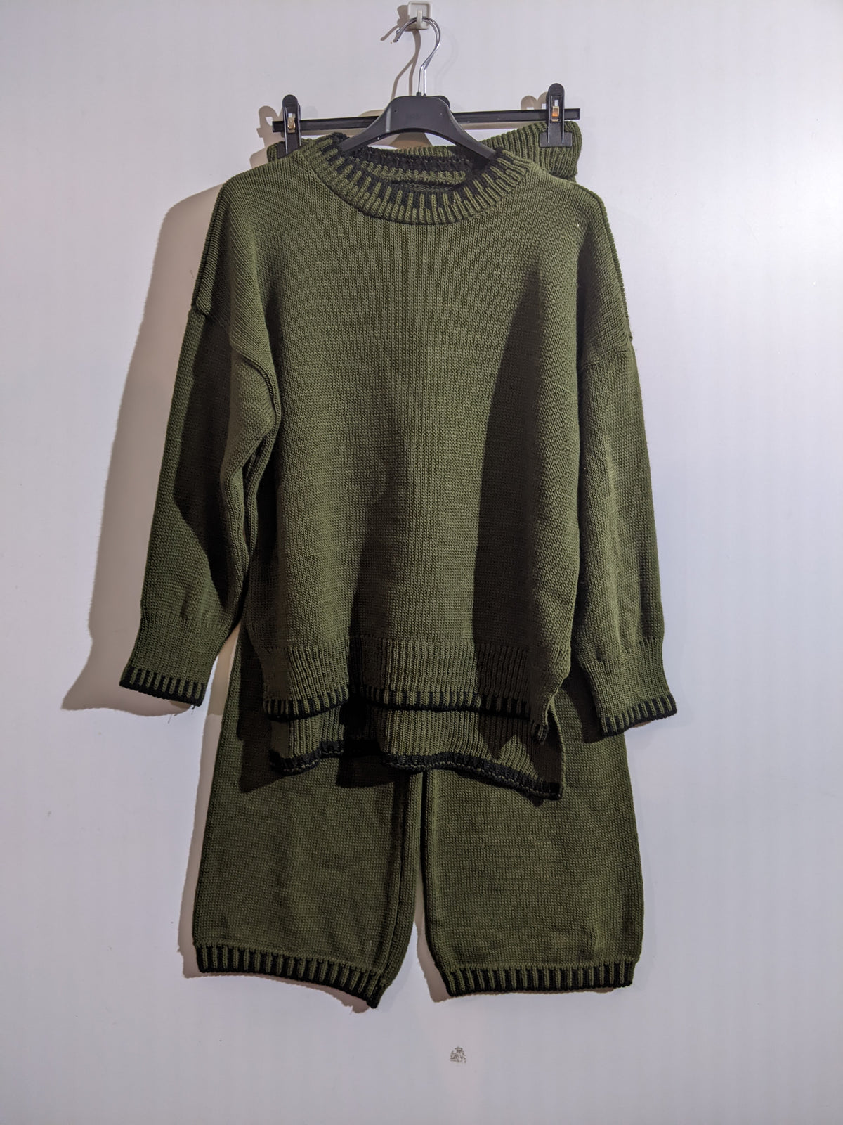Khaki Green Jumper & Trousers Knitted Loungewear Trim Two Piece Co-ord Set