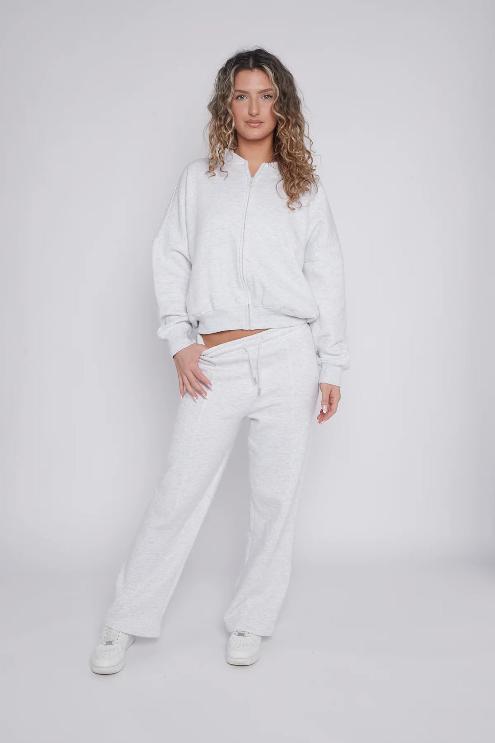 Light Grey Bomber Style Jacket & Wide Leg Bottoms Co-ord Loungewear Set