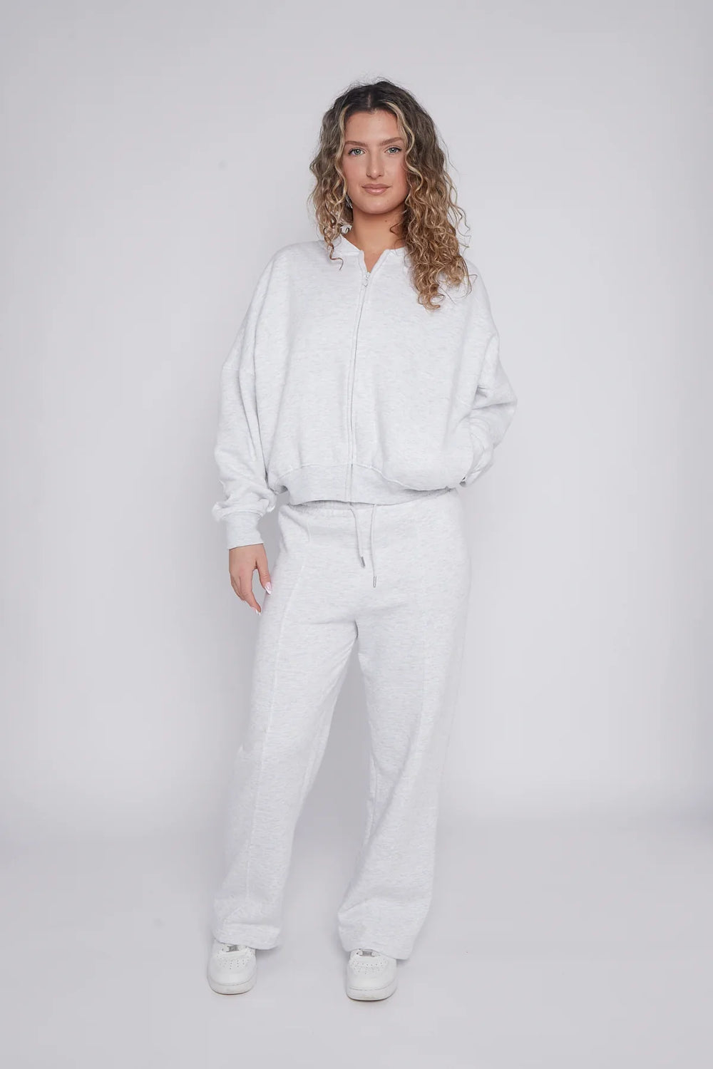 Light Grey Bomber Style Jacket & Wide Leg Bottoms Co-ord Loungewear Set