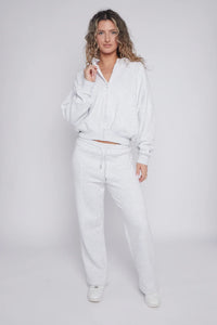 Light Grey Bomber Style Jacket & Wide Leg Bottoms Co-ord Loungewear Set