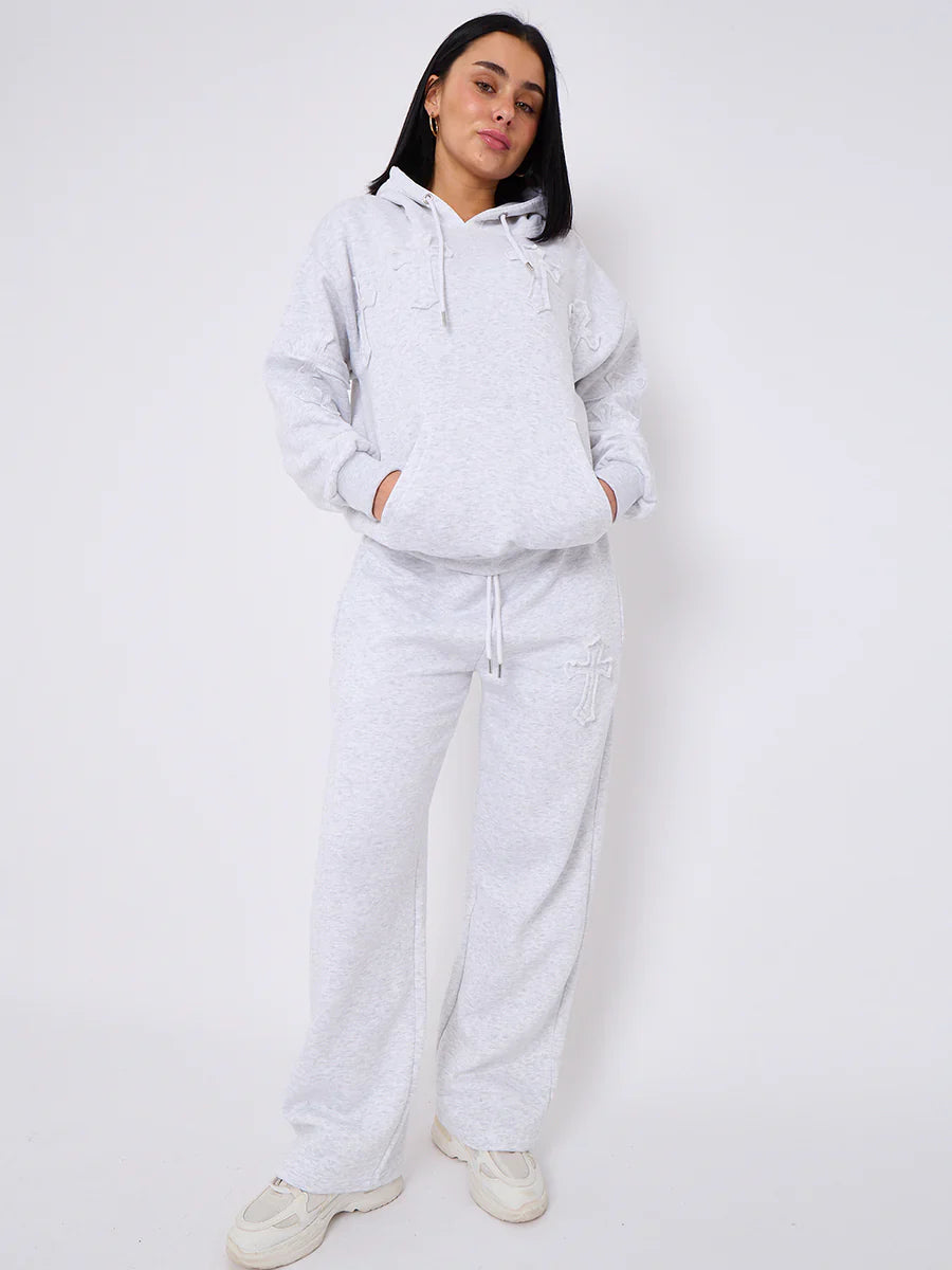 Light Grey Front & Back Cross Embroidered Hooded Fleece Loungewear Co-ord Set