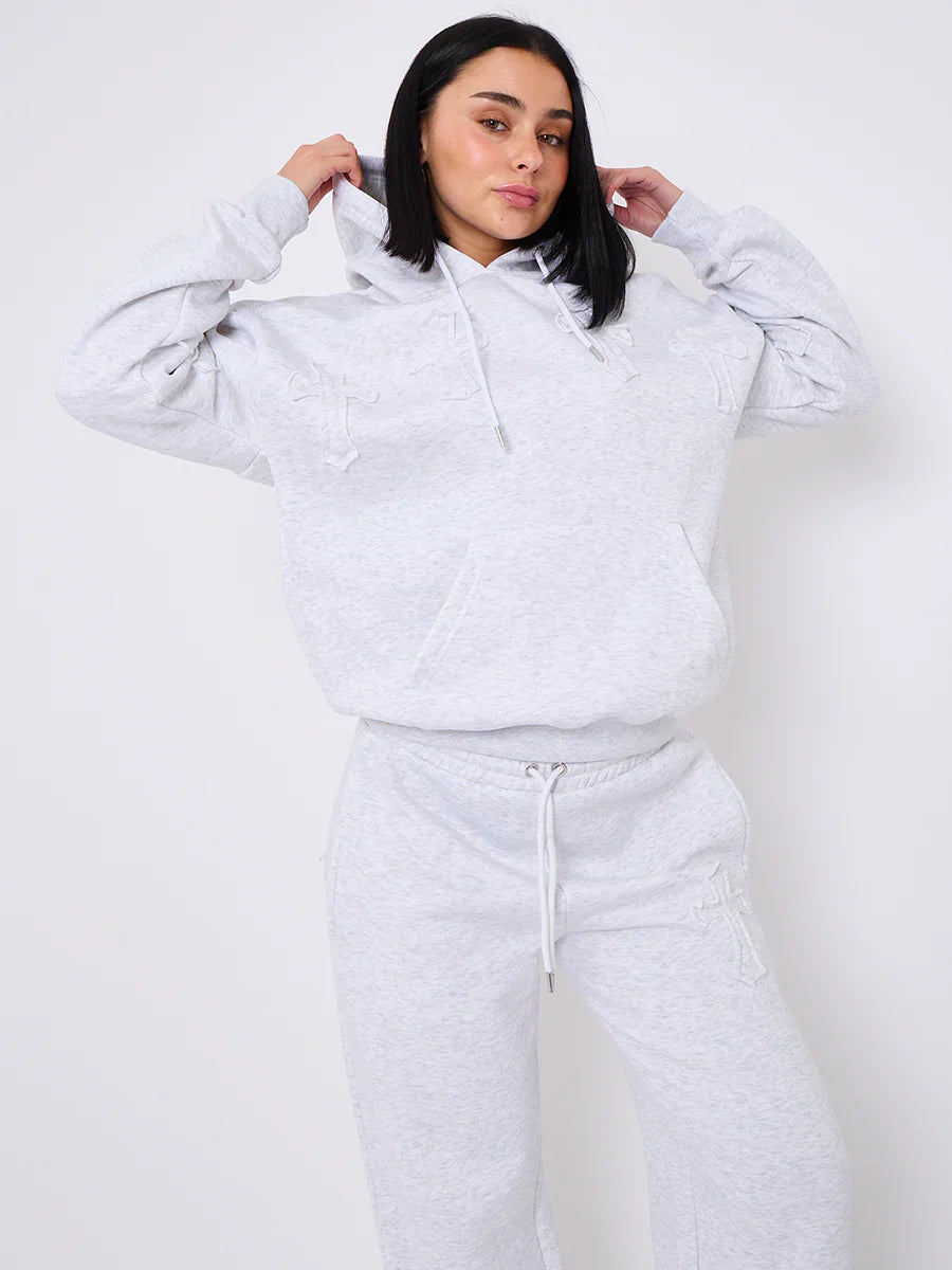 Light Grey Front & Back Cross Embroidered Hooded Fleece Loungewear Co-ord Set