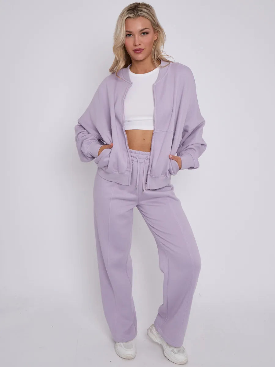 Lilac Bomber Style Jacket & Wide Leg Bottoms Co-ord Loungewear Set