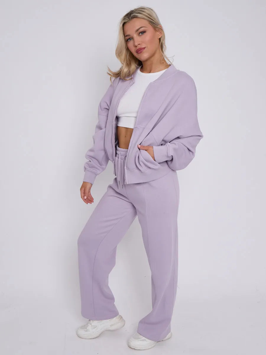 Lilac Bomber Style Jacket & Wide Leg Bottoms Co-ord Loungewear Set