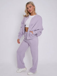 Lilac Bomber Style Jacket & Wide Leg Bottoms Co-ord Loungewear Set