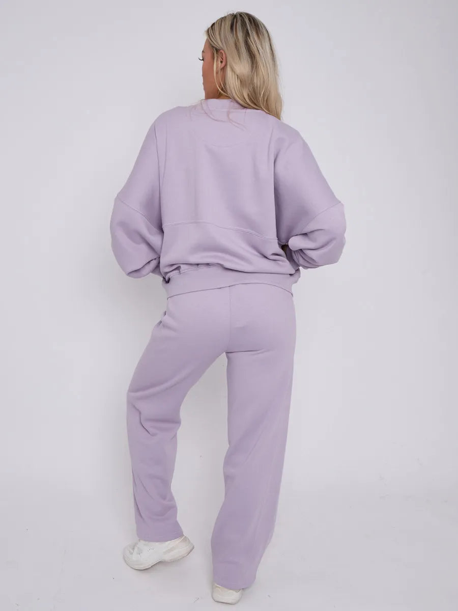 Lilac Bomber Style Jacket & Wide Leg Bottoms Co-ord Loungewear Set