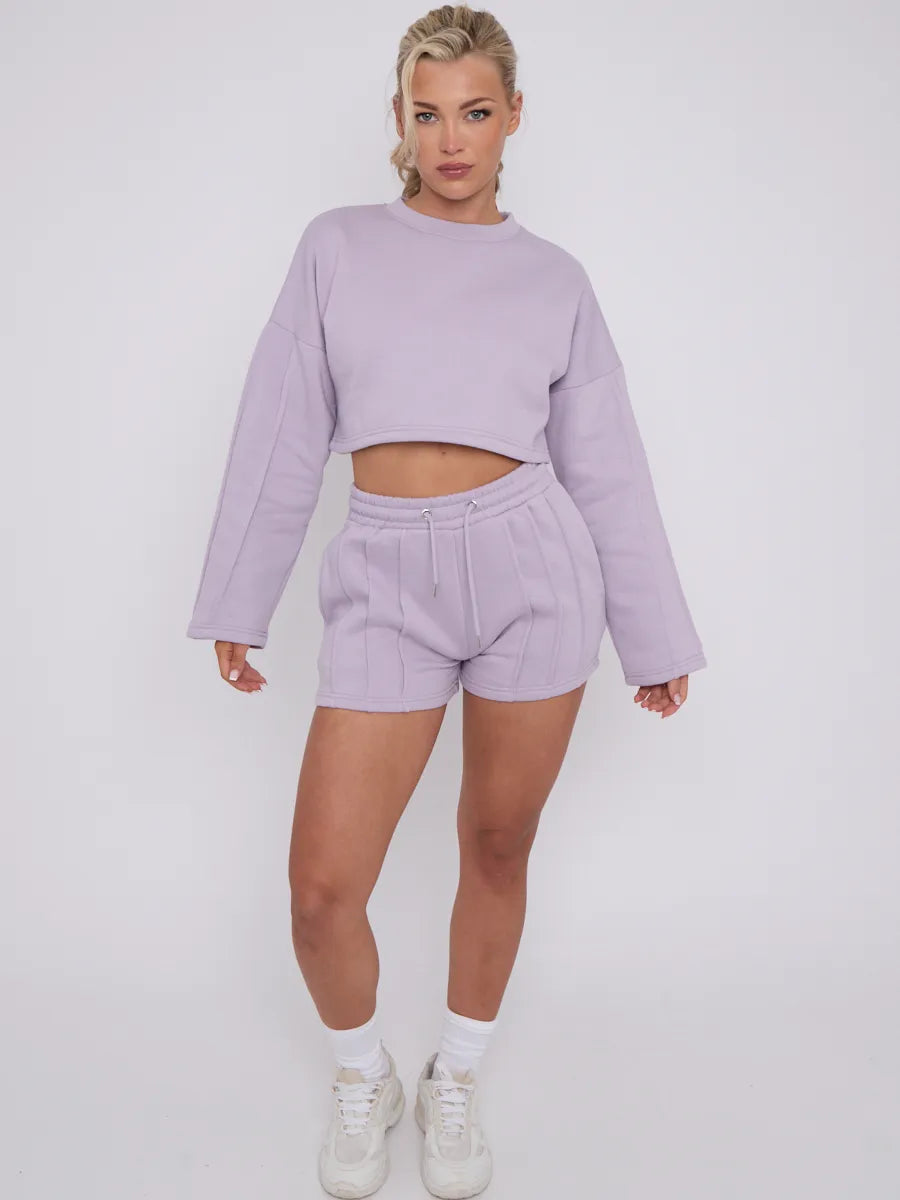 Lilac Seam Detail Oversized Crop Jumper & Shorts Loungewear Co-ord