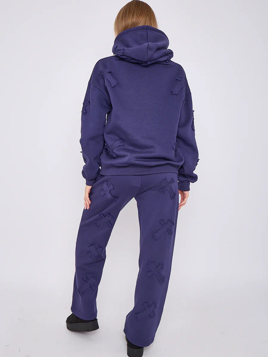 Navy Oversized Crucifix Embroidered Hooded Fleece Co-ord Loungewear Set