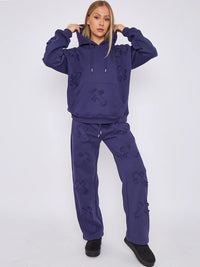 Navy Oversized Crucifix Embroidered Hooded Fleece Co-ord Loungewear Set