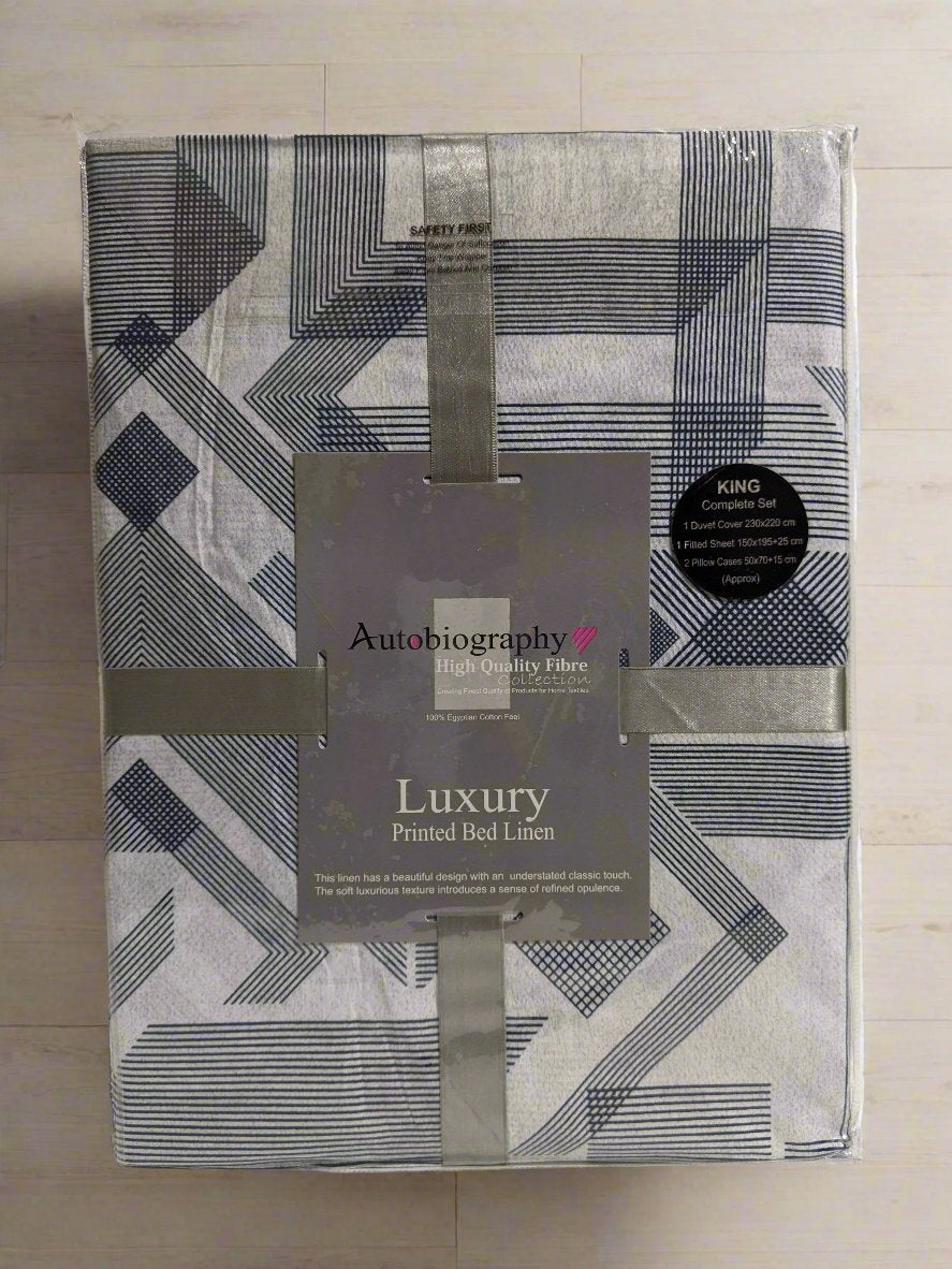 Navy & White Abstract Print Luxury Microfibre King Complete Duvet Cover Set