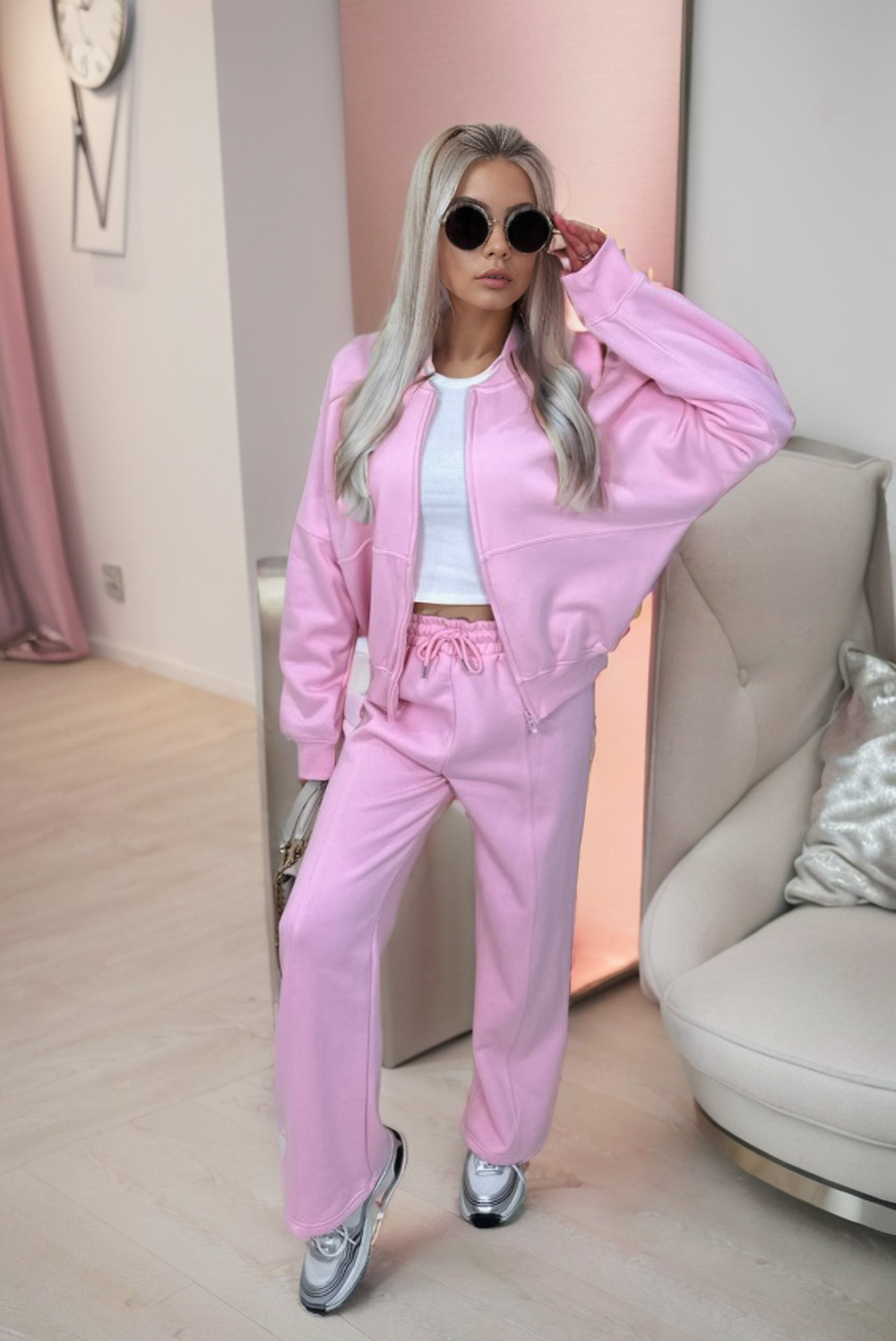 Pink Bomber Style Jacket & Wide Leg Bottoms Co-ord Loungewear Set