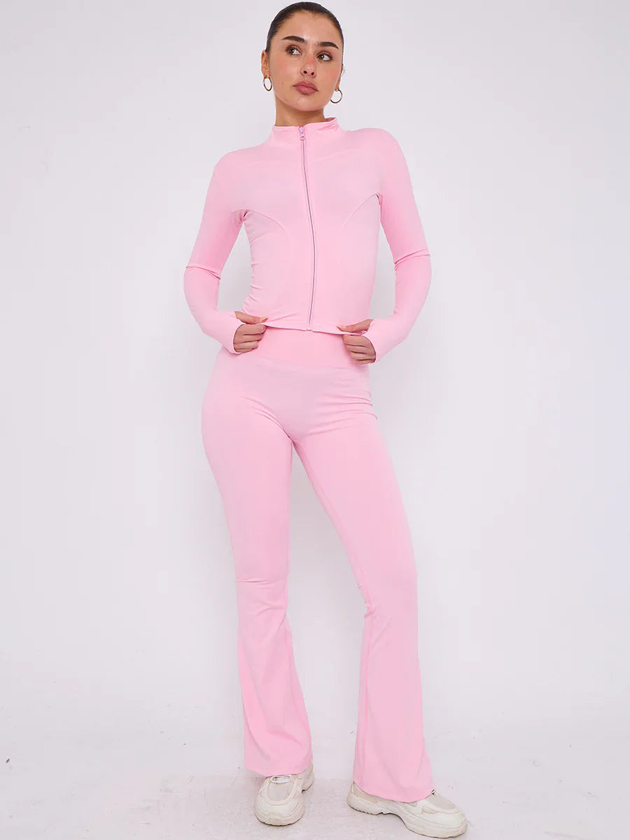 Pink Buttery Soft Ruched Contour Flare Trousers and Sports Jacket Co-Ord