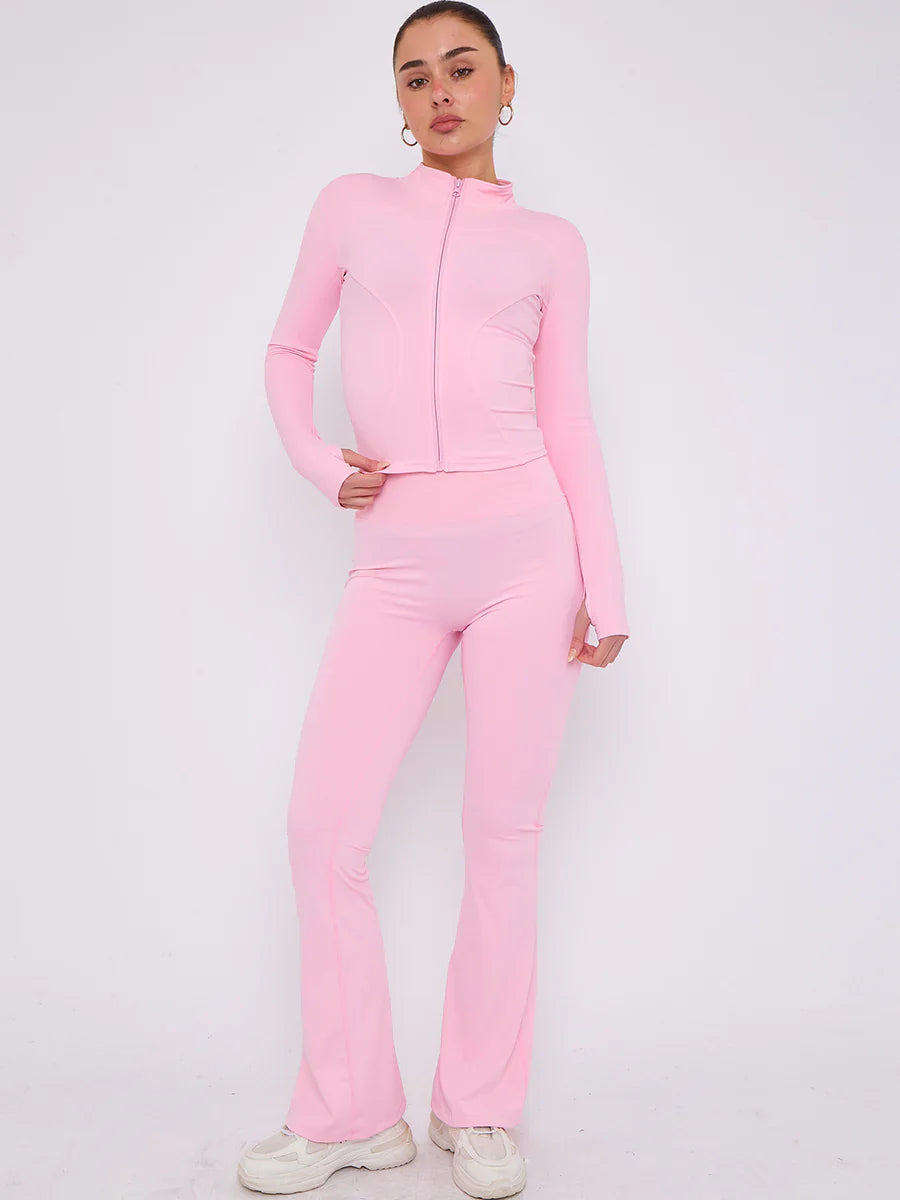 Pink Buttery Soft Ruched Contour Flare Trousers and Sports Jacket Co-Ord