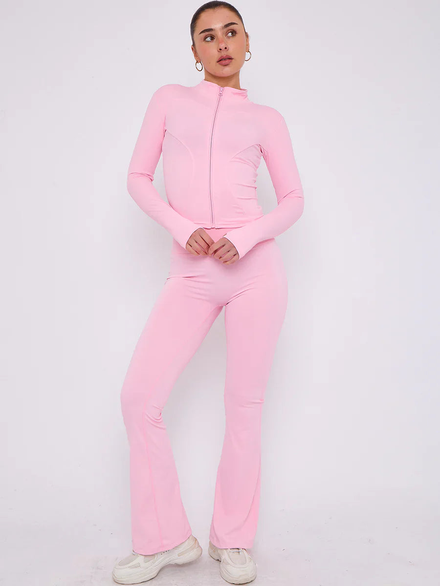 Pink Buttery Soft Ruched Contour Flare Trousers and Sports Jacket Co-Ord