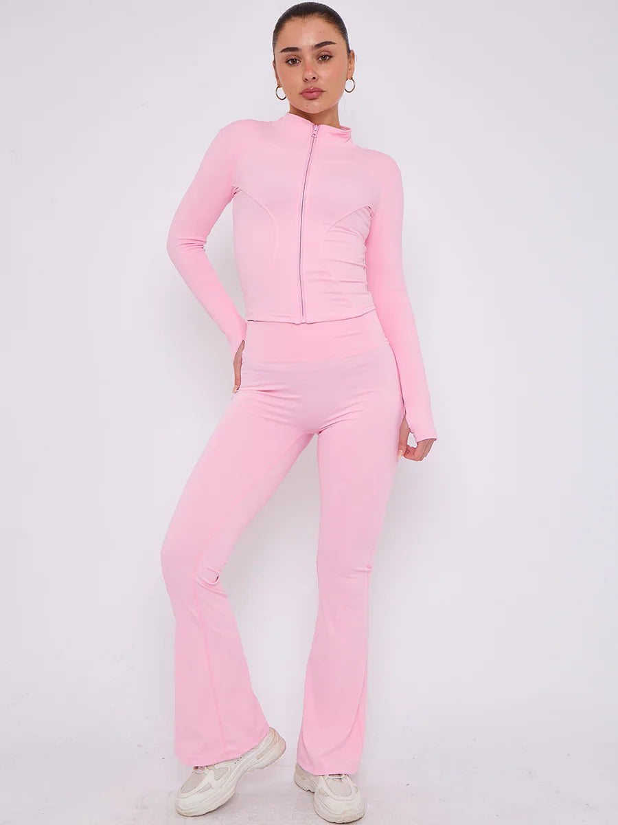 Pink Buttery Soft Ruched Contour Flare Trousers and Sports Jacket Co-Ord