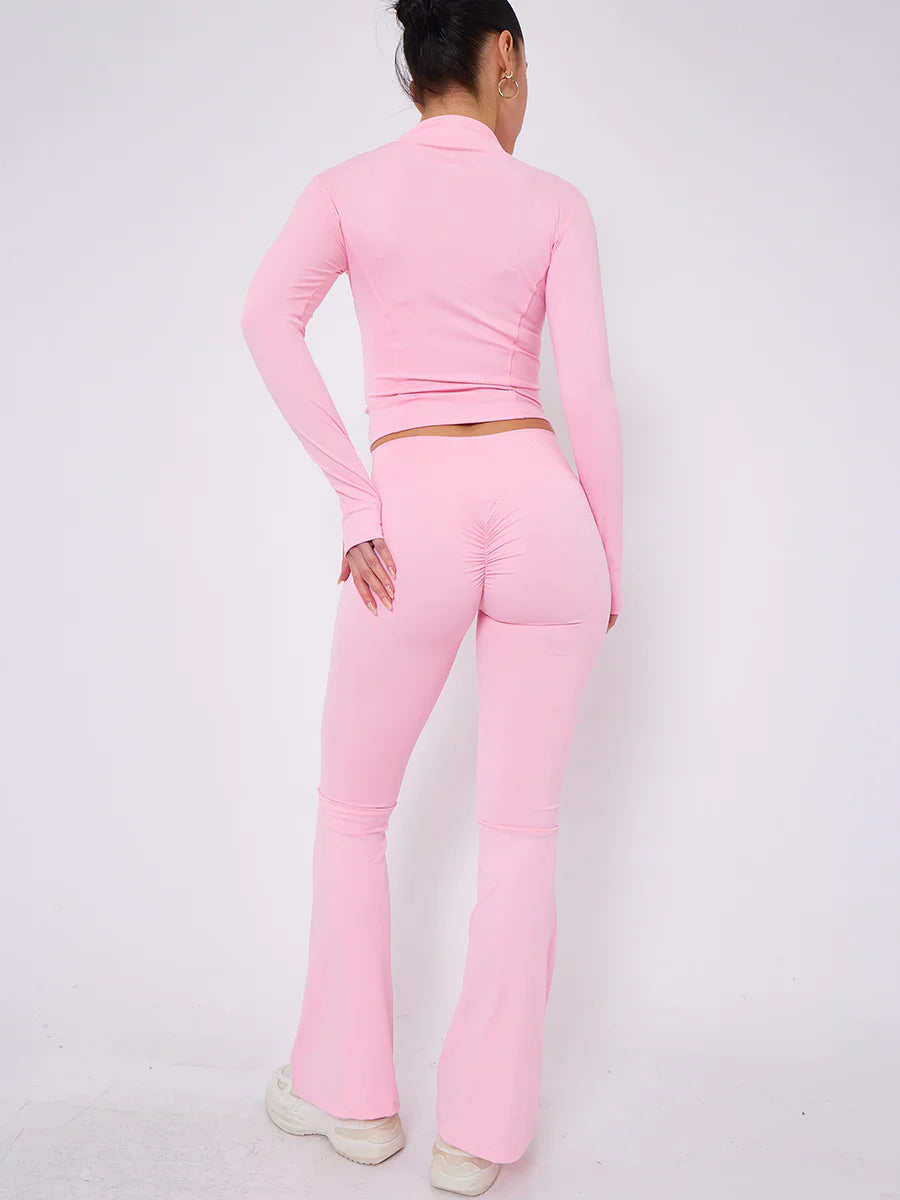 Pink Buttery Soft Ruched Contour Flare Trousers and Sports Jacket Co-Ord