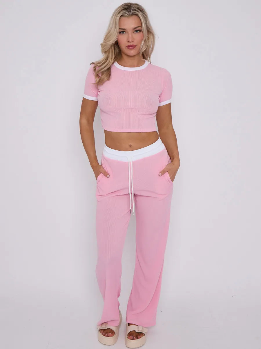 Pink Contrast Trim Ribbed Crop Top & Wide Leg Trousers Loungewear Co-ord Set