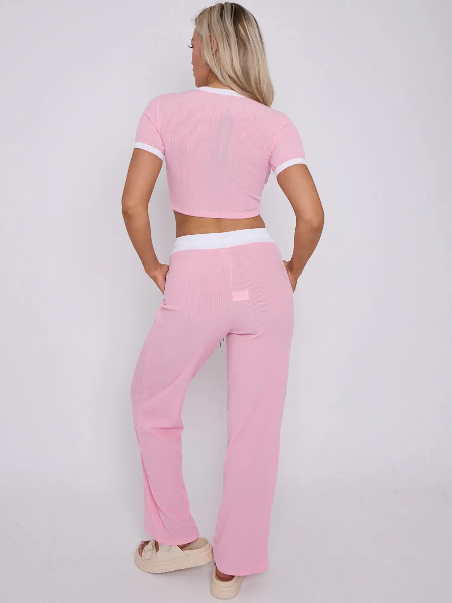 Pink Contrast Trim Ribbed Crop Top & Wide Leg Trousers Loungewear Co-ord Set