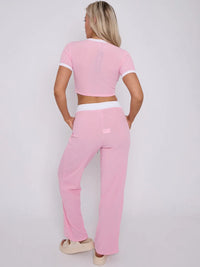 Pink Contrast Trim Ribbed Crop Top & Wide Leg Trousers Loungewear Co-ord Set