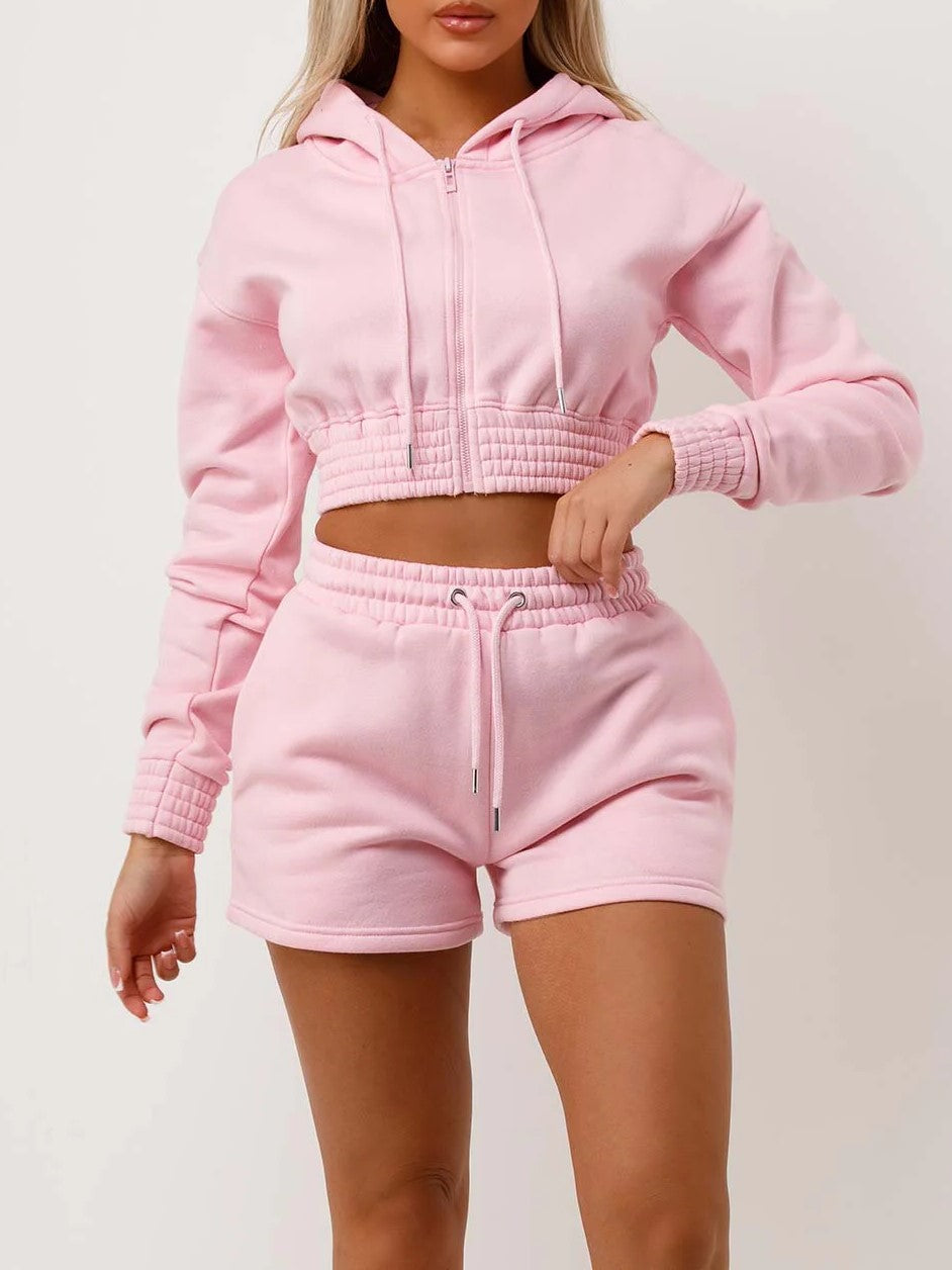 Pink Cropped Zip Up Hoodie & Shorts Loungewear Co-ord