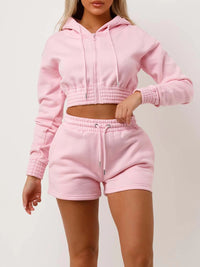 Pink Cropped Zip Up Hoodie & Shorts Loungewear Co-ord