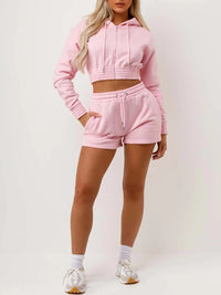 Pink Cropped Zip Up Hoodie & Shorts Loungewear Co-ord