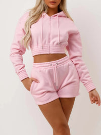 Pink Cropped Zip Up Hoodie & Shorts Loungewear Co-ord