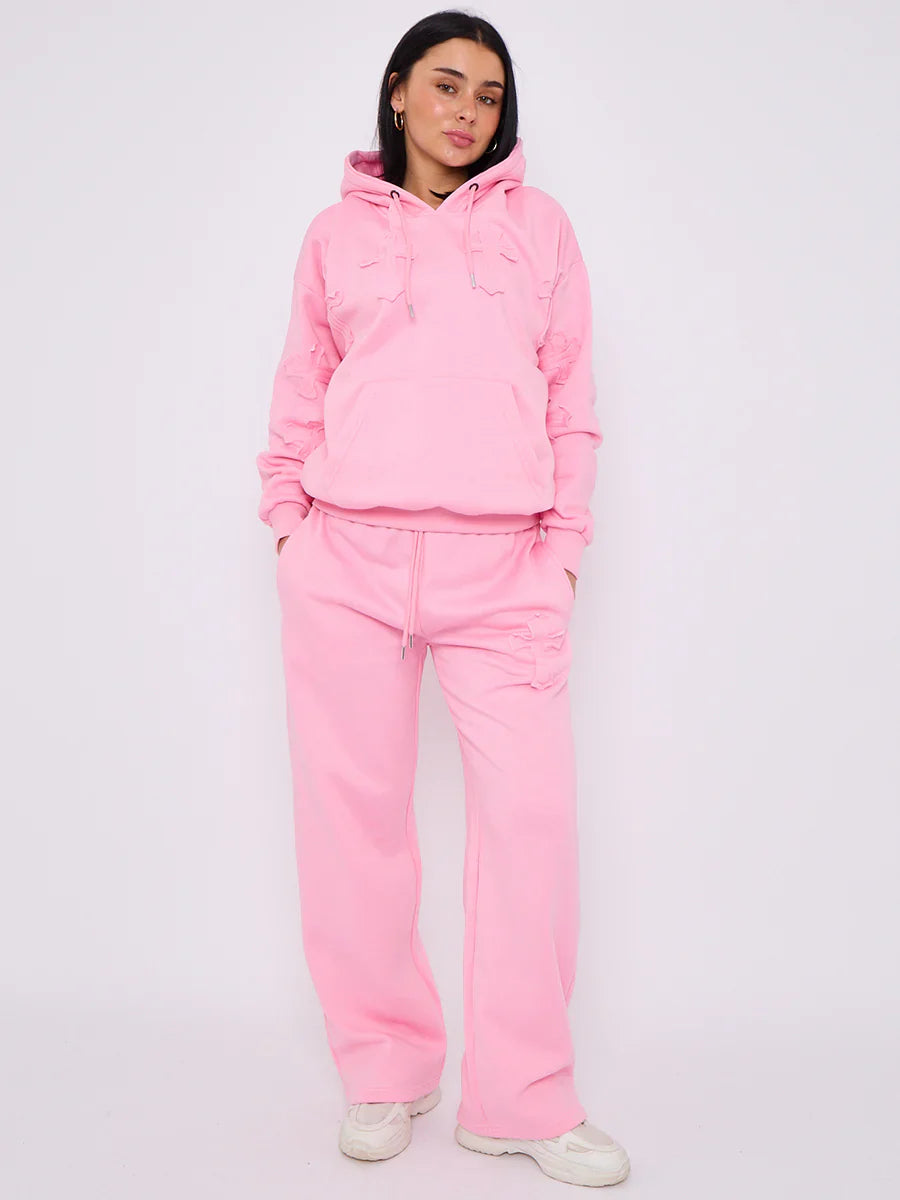 Pink Front & Back Cross Embroidered Hooded Fleece Loungewear Co-ord Set