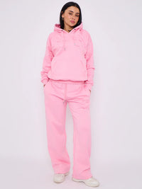 Pink Front & Back Cross Embroidered Hooded Fleece Loungewear Co-ord Set