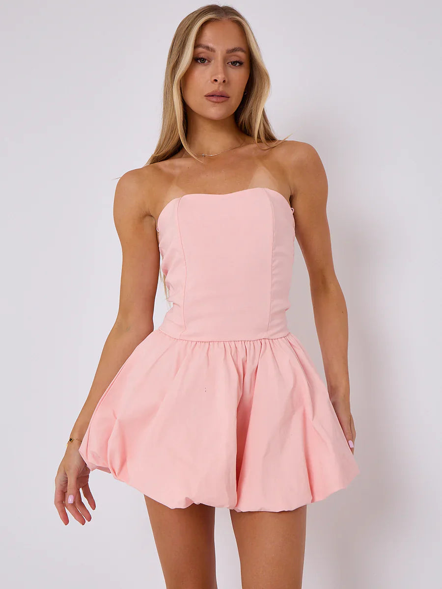 Pink Lace Back Ruched Bandeau Puffball Bodycon Dress