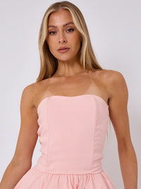 Pink Lace Back Ruched Bandeau Puffball Bodycon Dress